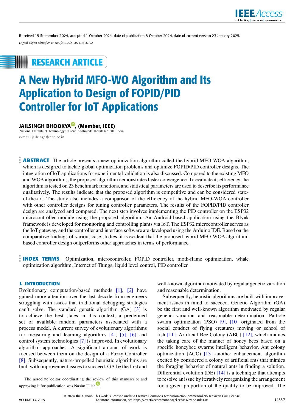 A New Hybrid MFO-WO Algorithm and Its Application to Design of FOPID/PID Controller for IoT Applications