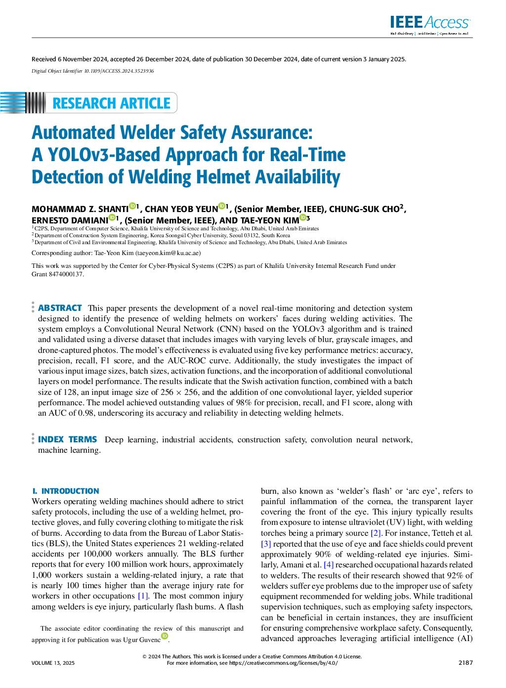 Automated Welder Safety Assurance: A YOLOv3-Based Approach for Real-Time Detection of Welding Helmet Availability
