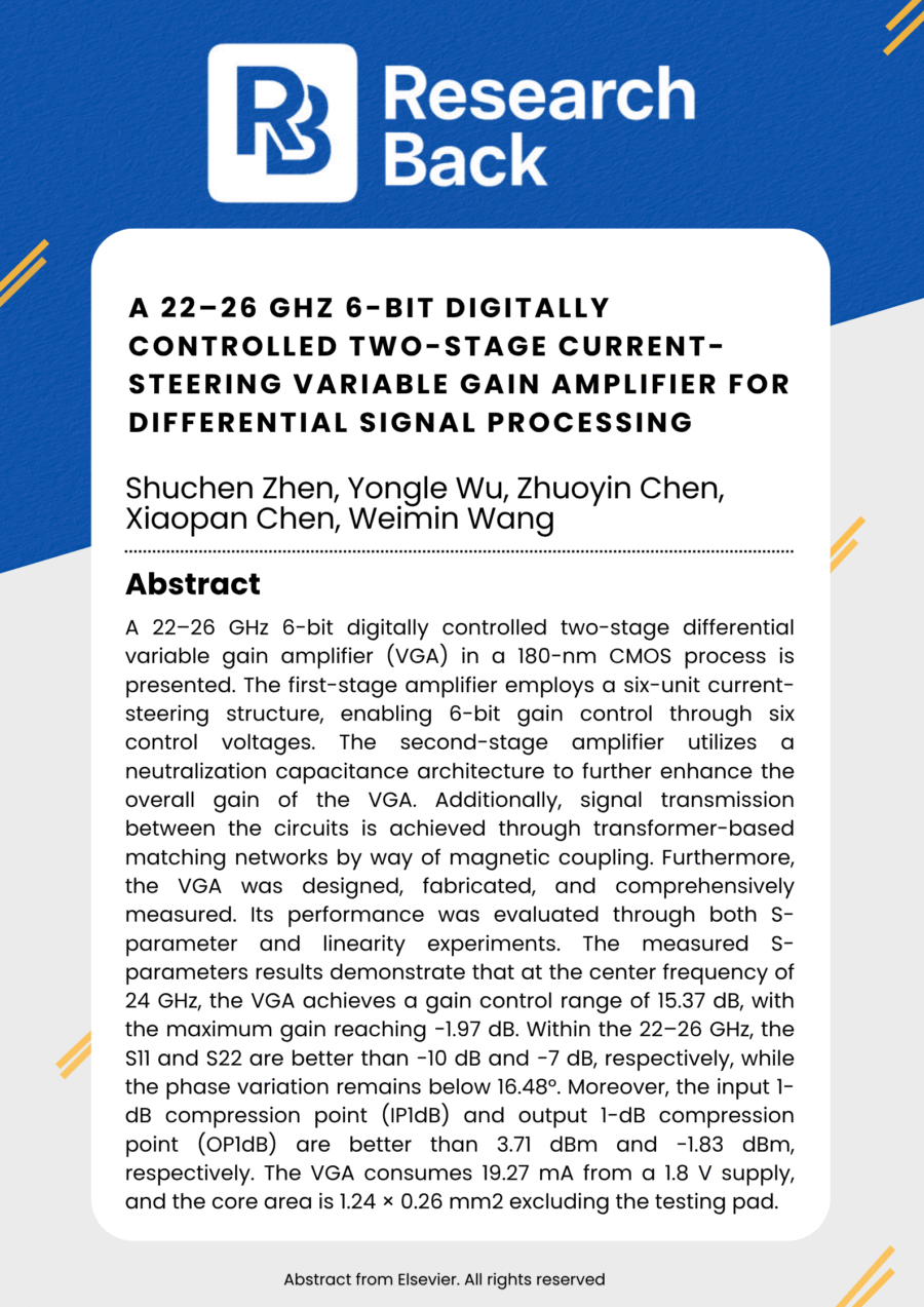 "A 22–26 GHz 6-Bit digitally controlled two-stage current-steering variable gain amplifier for differential signal processing "